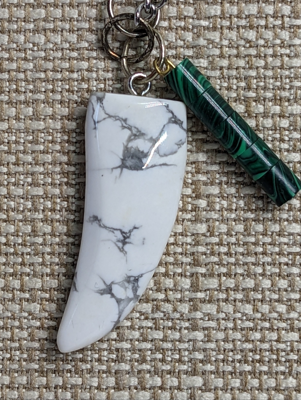 Marbled "Fang" Pendant Necklace W/ Green Cylinder Beads, Silvertone Chain